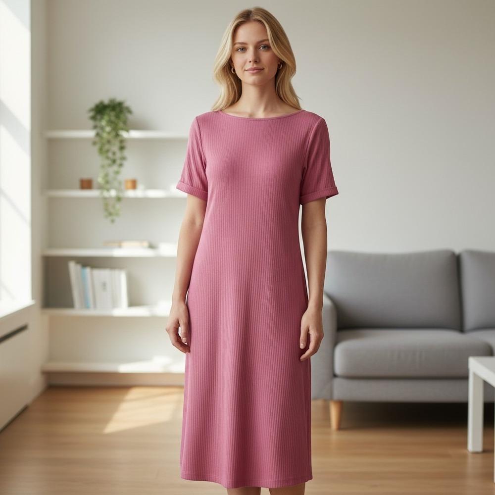 Old Navy Womens Ribbed Knit Short Sleeve Scoop Neck Midi Shift Dress Mauve M